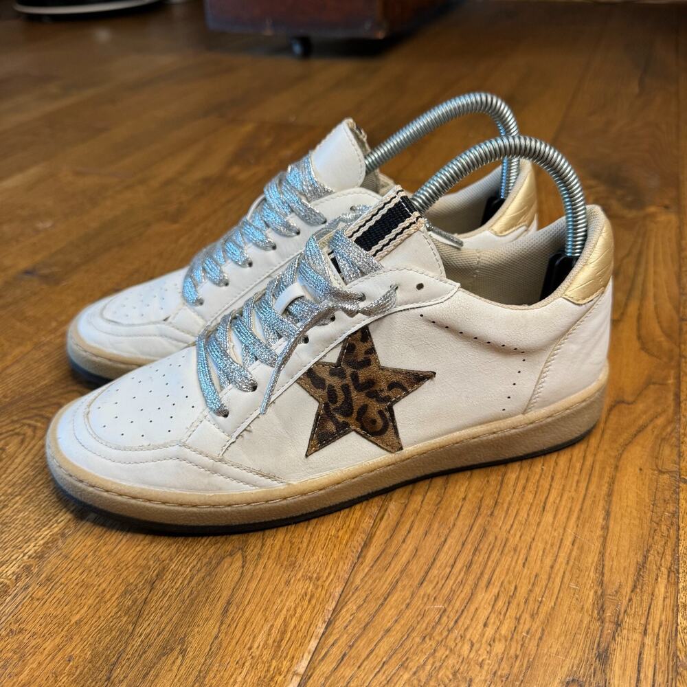 SHU SHOP White Sneakers Leather Suede Cheetah Star PAZ Low Top Womens Sz 8 - Picture 2 of 7